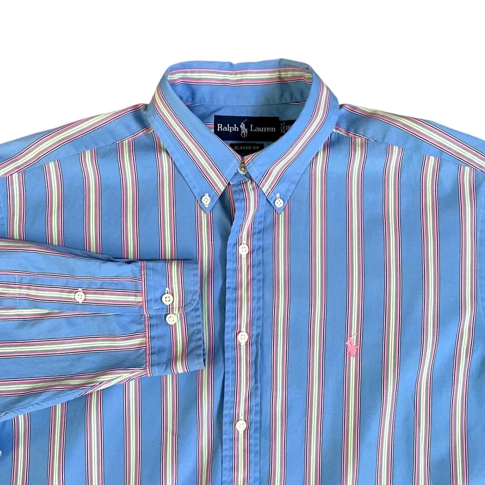 Ralph Lauren Classic Fit Blue Multicolor Stripe Button Down Shirt Mens 16.5 L